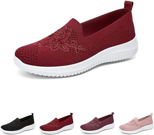 Women's Knitted Embroidery Sneakers, Lightweight Breathable Slip On Orthopedic Soft Sole Shoes