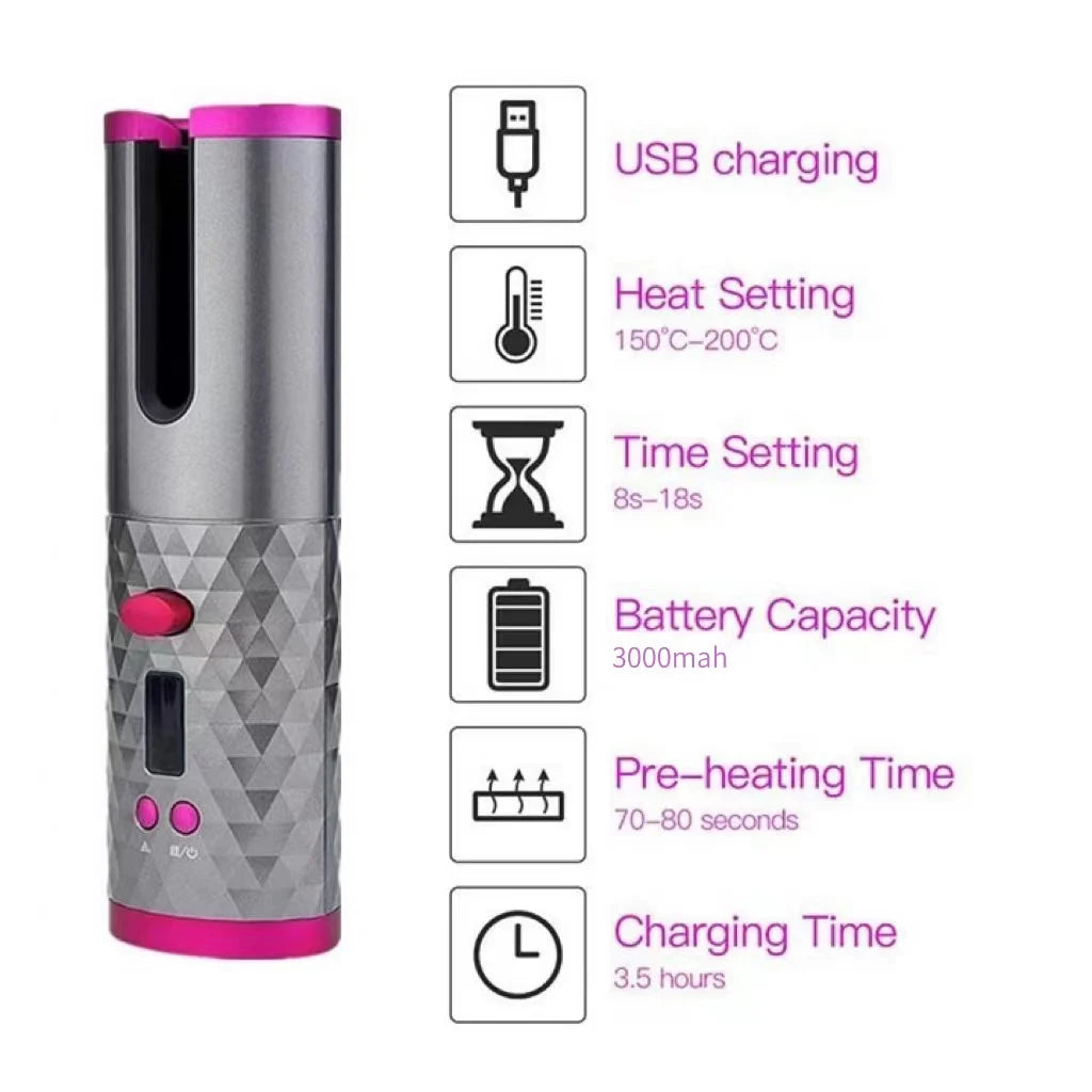 Automatic Cordless Auto Hair Curler, Rechargeable Portable Hair Curler with 6 Temps